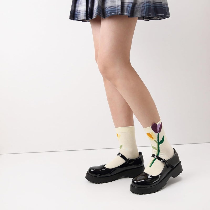 MarJunSep Cute Floral Crew Socks for Women Teen Girls Flower Cottagecore Frilly Vintage Fancy Cotton Socks - Image 5
